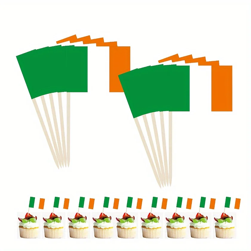 100 stücke irischer Flaggen-Zahnstocher-Cupcake,Party liefert Papier fahnen für den Patrick's Day, nationale Feiern, Kuchen dekorationen