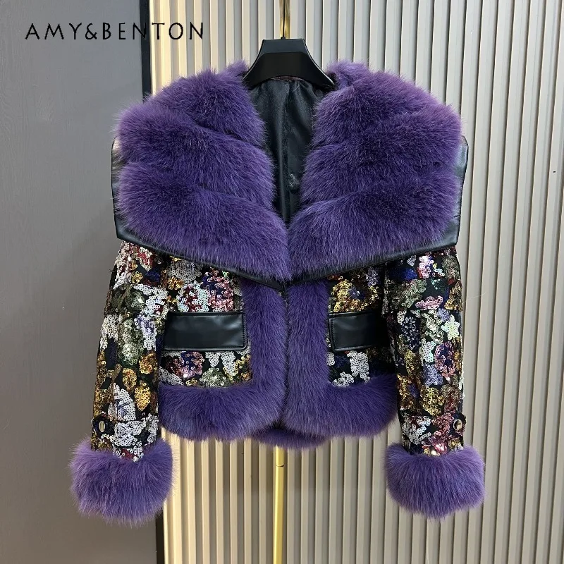 

Winter New Fashion Woolen Cotton Coat Imitation Fox Fur Heavy Thickened Sequin Stylish Youthful Short Faux Fur Jacket For Women