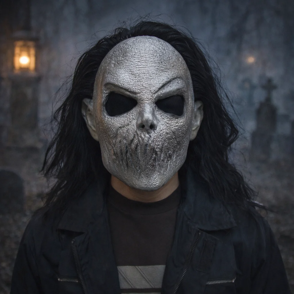 หน้ากากหัวกะโหลกฮาโลวีนแบบสมจริง พร้อมวิกผมยาวสีดำ อุปกรณ์ประกอบชุดคอสเพลย์สยองขวัญ สำหรับงานปาร์ตี้ผู้ใหญ่ ของตกแต่งชุดแฟนซีสุดหลอน