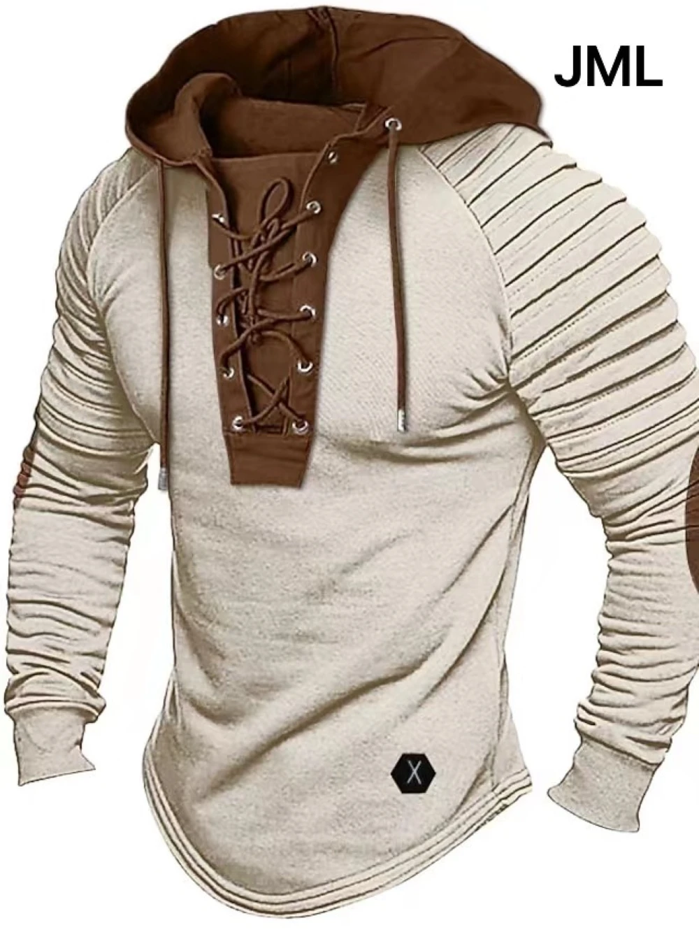 Men's Solid Color Casual T-shirt Top, Long Sleeved Shirt, Slim Fit Pleated Hood, Street Vacation Lace Up Patchwork Clothing