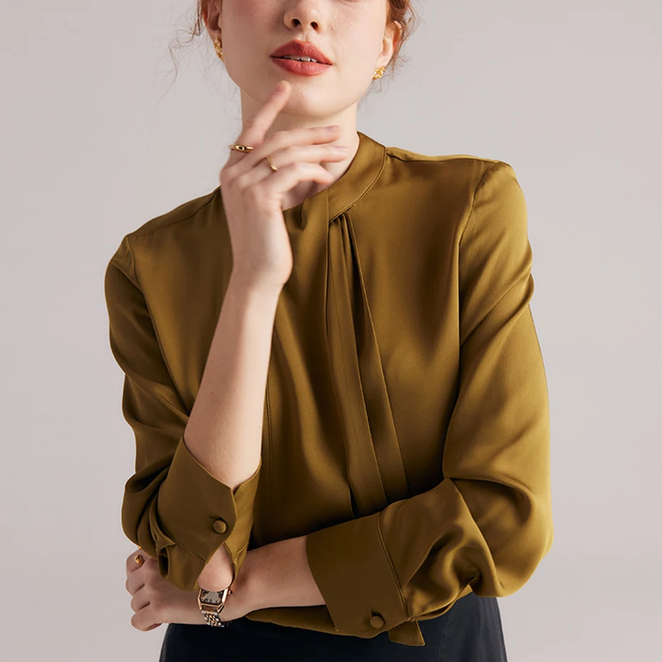 90% Natural Silk 10% Spandex Women's Shirt Stand Collar Long Sleeves Ruched Elegant Blouse Tops