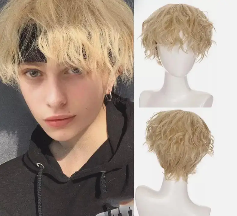 أشقر فاتح موجة قصيرة أنيمي الرجال الصبي تأثيري حزب الشعر الاصطناعية هالوين الباروكات