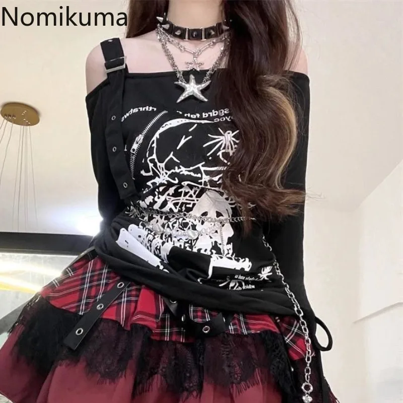 Harajuku Women Y2k T Shirts Streetwear Gothic Punk Tees 2024 Ropa Mujer Print Drawstring Casual Fashion Slash Neck Tshirts Tops