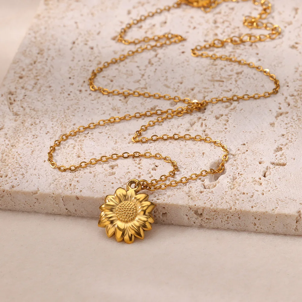 Gold Color Stainless Steel Sun Flower Geometric Necklace for Women Charm Pendant Summer Jewelry Anniversary Gift 2024 New Trendy