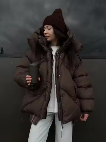 Women Casual Cotton Jackets Hooded Stand Drop Shoulder Puffy Puffer Solid Short Jacket Daily Street Lady Autumn Winter 2025 Coat