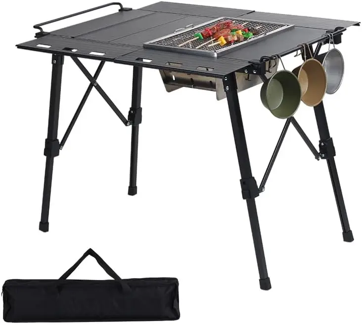 Camping Table with Extended Frames, Adjustable Portable Outdoor IGT Cook System, Ultralight Aluminum Camp Table with Carry Bag