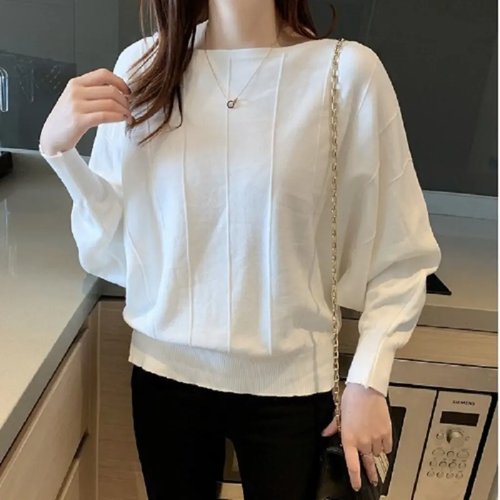

Women's Long-Sleeve Loose T-shirt Casual Striped Bat-Sleeve Sweater High-End Spring Style One-Character Collar Top