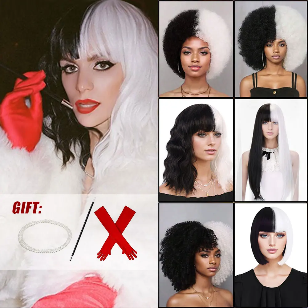 Парик для косплея из высокотемпературного волокна, синтетический черно-белый прямой длинный парик с короткими завивками