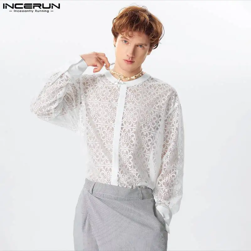 

Handsome Well Fitting Tops INCERUN New Mens Lace Tracery Hollowed Designs Shirts Fashion Clubwear Male Long Sleeved Blouse S-5XL