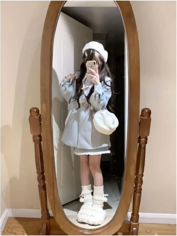 Thiened шерстяное пальто и комплект для женщин, зимний теплый сладкий размер, корейский модный комплект на пуговицах, свободная посадка