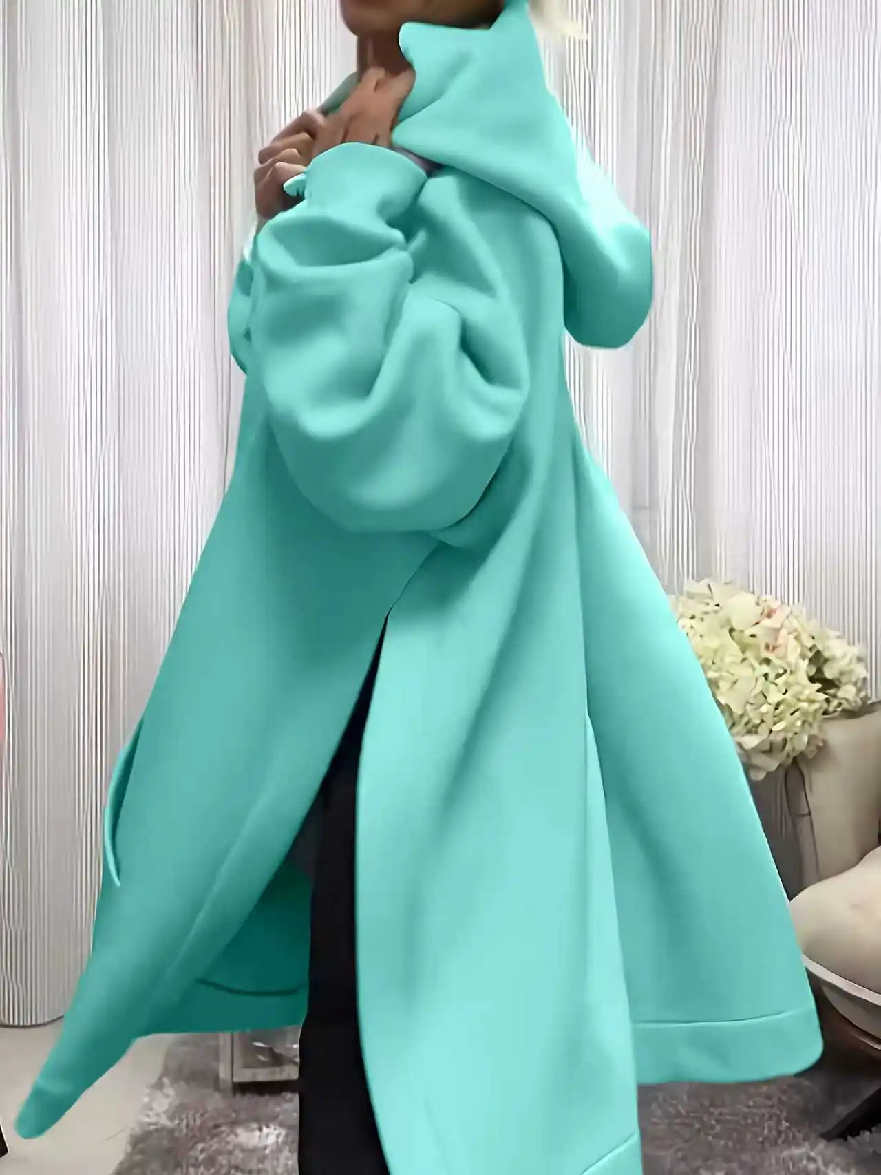 Felpa con cappuccio casual da donna di media lunghezza con spacco laterale tinta unita a maniche lunghe taglie forti