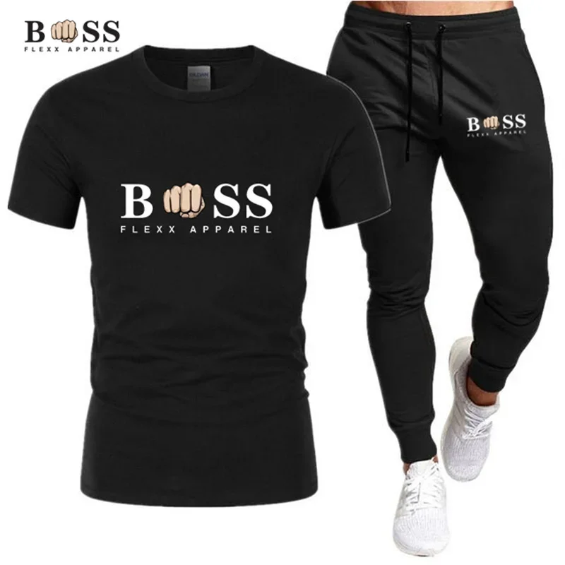 Hot Men\'s Tracksuit Two Pieces Sets Fitness Sport Suit Joggers Short Sleeve T Shirt+Trousers Men\'s breathable Casual Sportswear