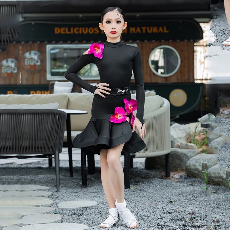 

Платье для латинских танцев для девочек, весна-лето 2024, новое высококачественное детское тренировочное платье, черное платье для групповых выступлений