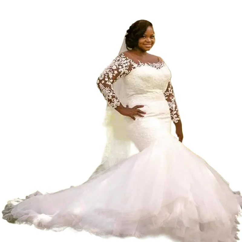 Personalizado africano nigeria preto meninas plus size vestidos de casamento renda vestido de festa de noiva mangas compridas vestidos de tule feminino