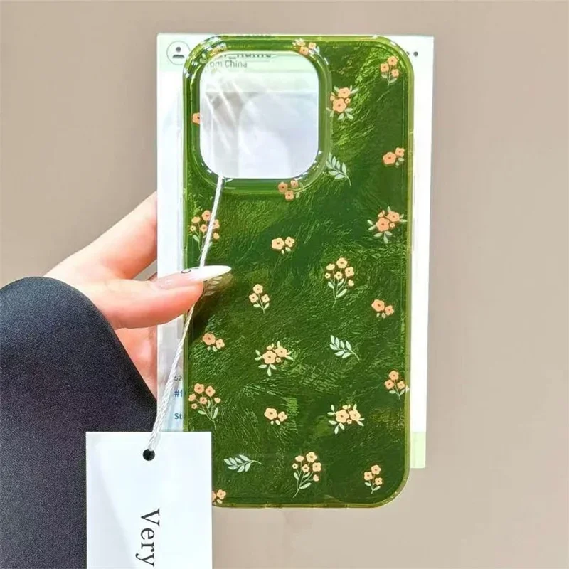 Green Small Floral Print Phone Case for IPhone 16 15 Pro Max 14 13 12 11 Pro XS XR 7 8 Plus Tinfoil Pattern Flowers Soft Cover