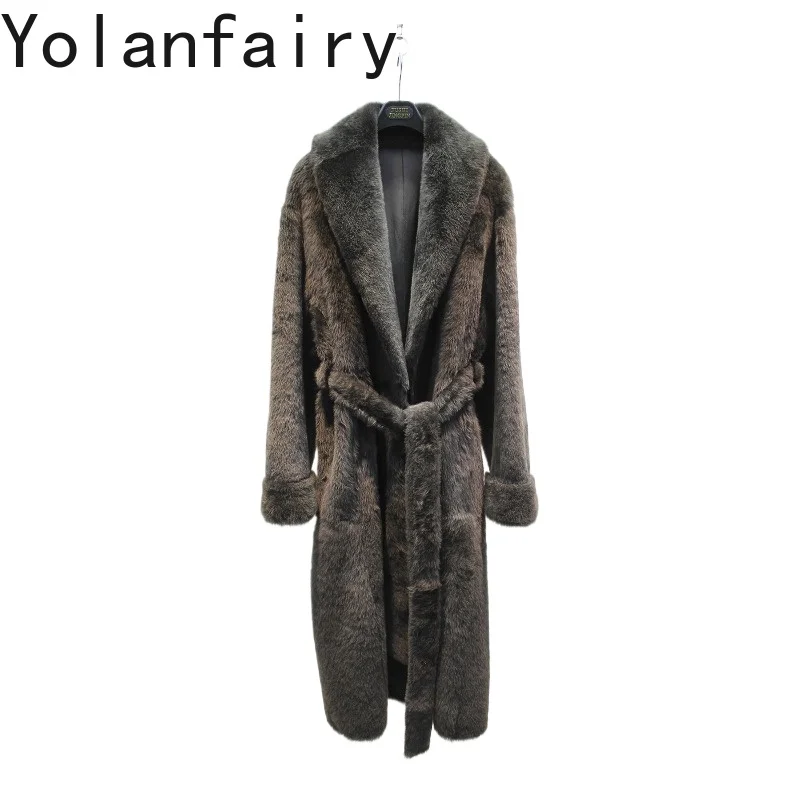 YOLANFAIRY Натуральный меховой пуховик из овчины для женщин, в стиле халата, повседневная теплая куртка из натурального меха, длинное меховое пальто, верхняя одежда