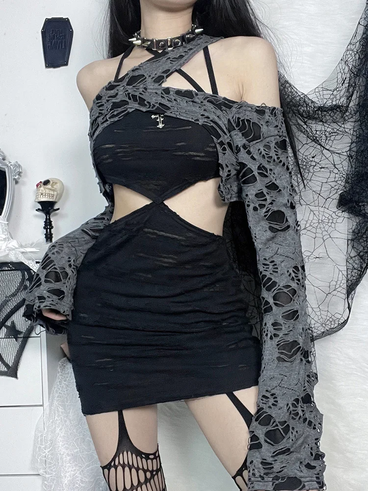 2023 Harajuku Hole Gothic Bandage Dress 2 Piece Tattered Halterneck Lace-up Bodycon Goth Black Dress Punk Long Sleeve Party Wear