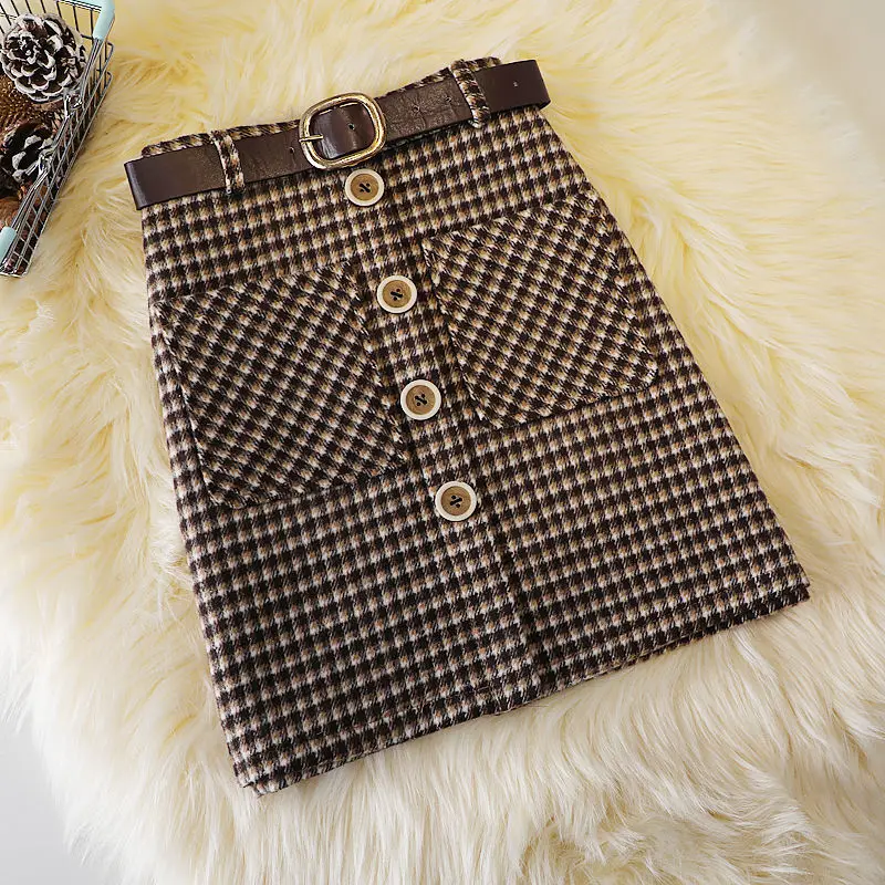 Vintage High Waist Plaid All-match A-line Skirt Autumn Winter Button Patchwork Elegant Midi Skirt Fashion Office Women Clothing