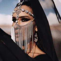 Bohemia Full Drilling Tassel Face Curtain Cross Print Rhinestone Headwear Nightclubs Party Women's Head Jewelry