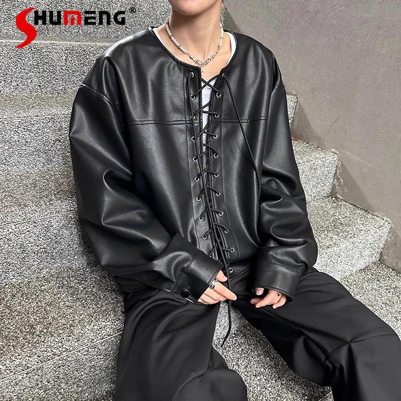 

Men's 2025 Autumn New Retro High-End Stylish Lace-Up Design PU Leather Jackets Men's Trendy High Street Tops Motorcycle Jackets