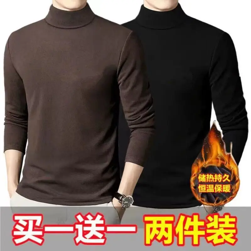 Turtleneck Thicken T Shirt for Men Basic T Shirt Fleece Autumn Winter Long Sleeve Tops Undershirt Solid Color 2022 New