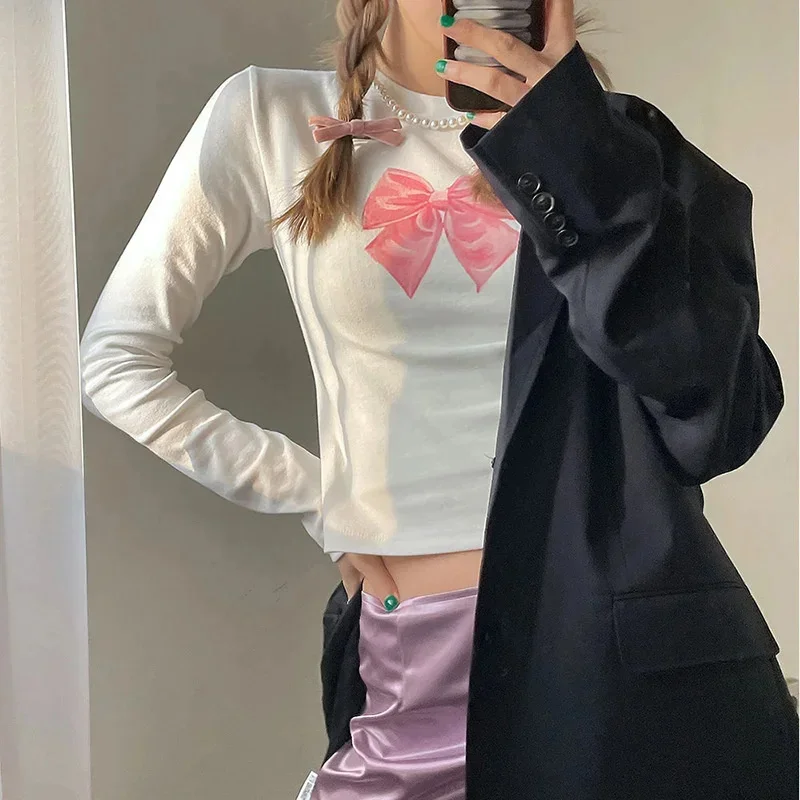 

Korean Cute Bow Print Tshirt For Women 2024 Spring New Y2K Fashion Spice Girls Slim Fit Sweet Basic Tops Kawaii Casual Clothes