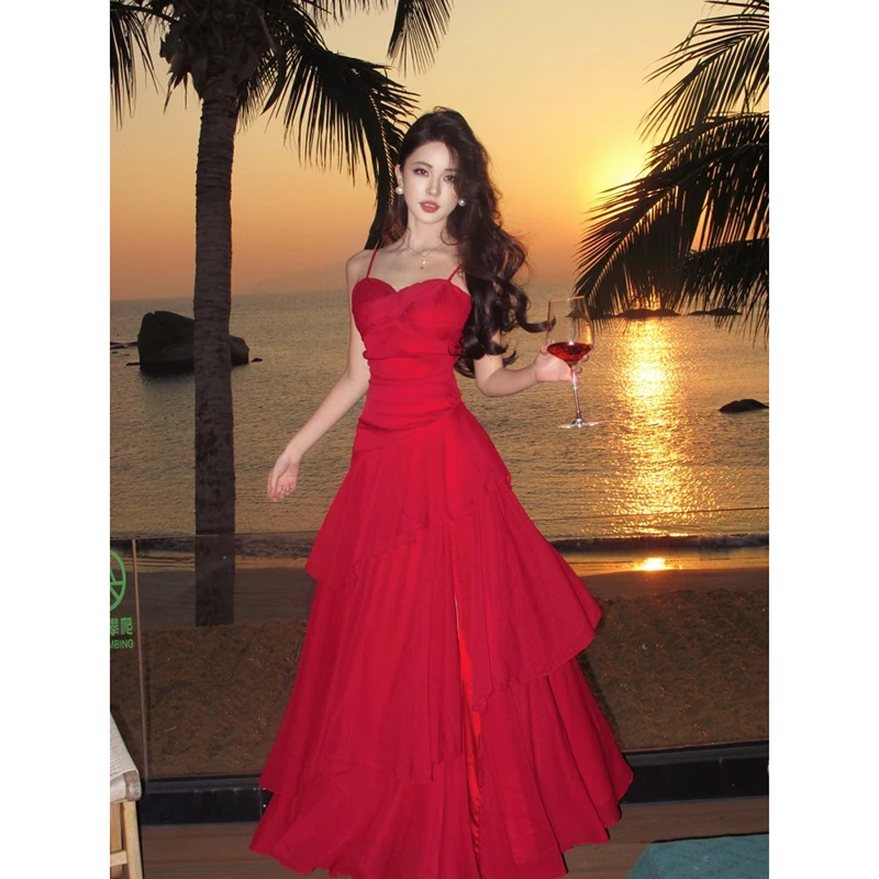 Czerwona Słodka Sukienka na Ramiączkach Damska Boho Wakacyjna Sukienka Szyfonowa Koreański Szyk Harajuku Falbanki Wysoki Stan Wyszczuplająca Sukienka na Cienkich Ramiączkach Vestidos