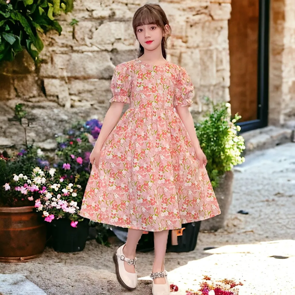 Baby Girls Outfits Pink Floral Dresses Summer Party Dress Kids Clothes Short Sleeve Kids Princess Costumes 4 6 8 9 10 11 Years