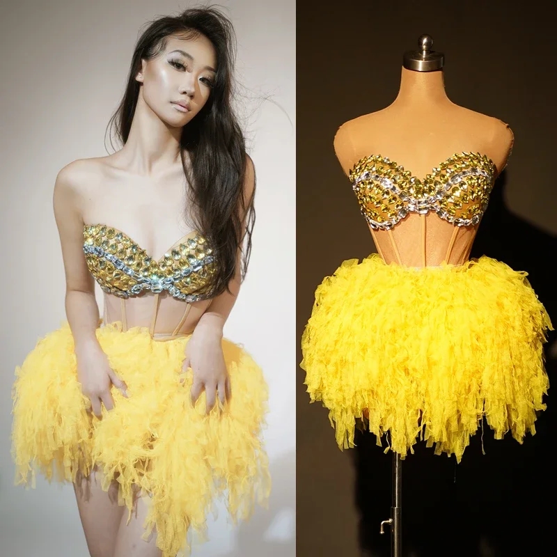 

Strapless Big Stones Yellow Lace Party Dress Women Dj Ds Evening Outfits Drag Queen Costume Bar Nightclub Gogo Wear