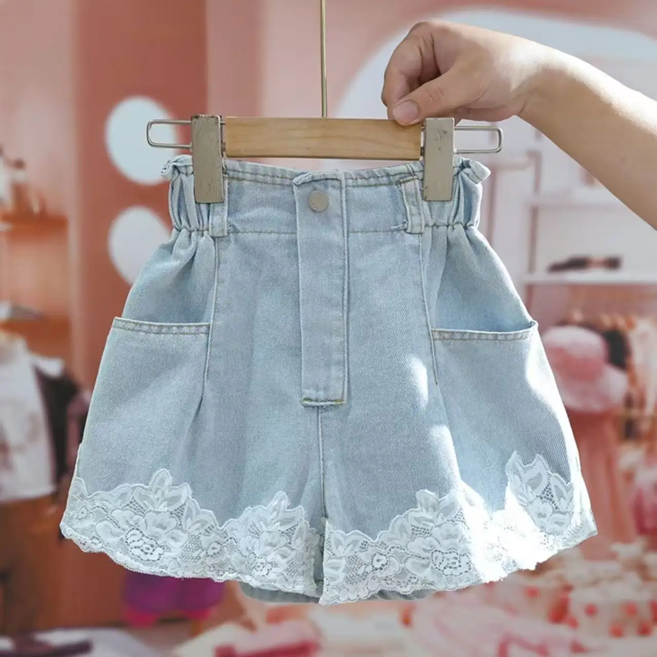 

Kids Fancy Trendy Lace Trim Denim Shorts for Girls Summer Mid-Length Children's Stylish Pants