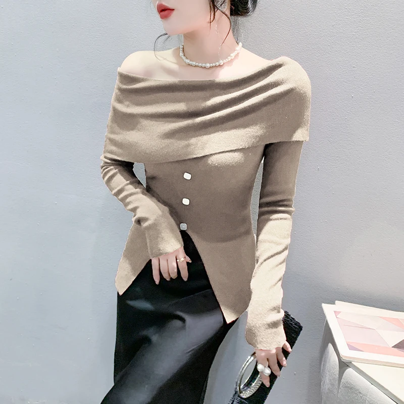 2024 New European Clothes Fall Winter Knitted Sweater Chic Sexy Women Off Shoulder Button Cross Long Sleeve Pullover Tops 49048