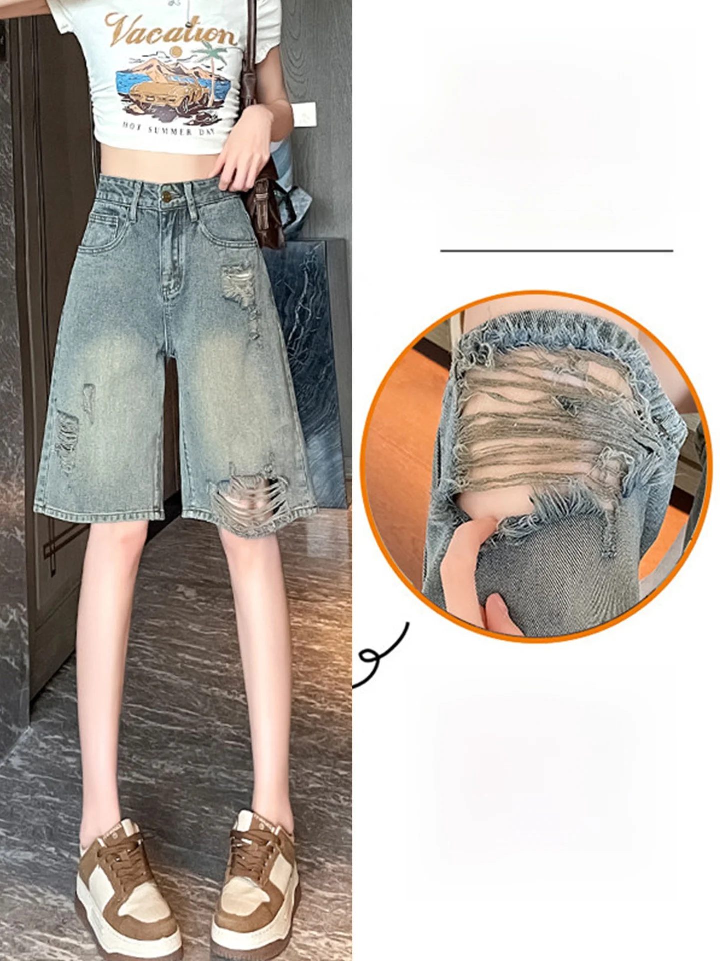 Women's Summer Loose Fitting Straight Leg Denim Shorts High Waist Wide Leg Pants Casual Wear Casual Style High Waist