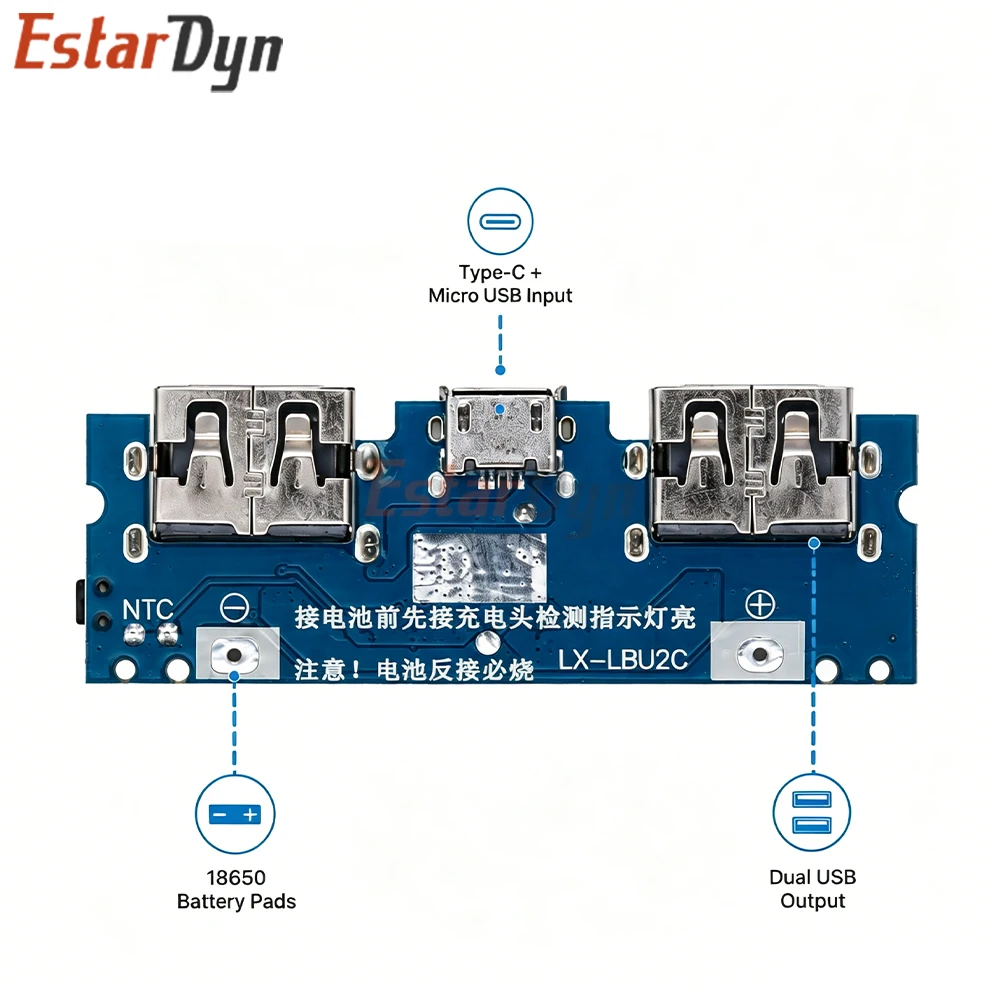 Estardyn Mini 18650 Power Bank Module 5V 2.4A Dual USB Type-C Micro USB Lithium Battery Charger Boost Board