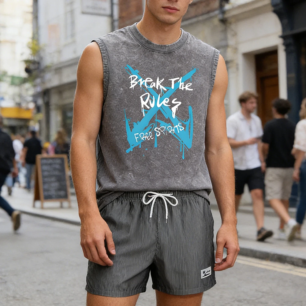 

Men's Casual Quick Dry 2 Piece Outfit: Vintage Washed Sleeveless Tee & Pinstripe Swim Shorts Set with "Break The Rules" Print