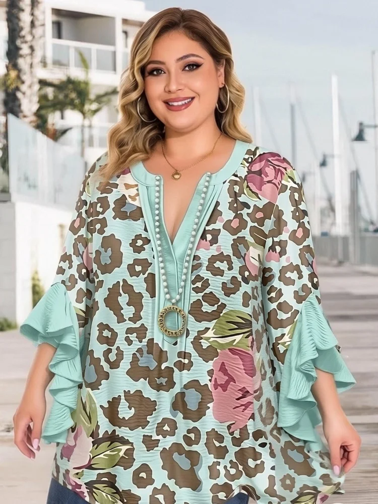 

Women Blouse Vintage Fashion Half Ruffled Sleeve Casual Leopard Floral Printed Bohemian Tops Summer V-neck Chic Shirt Plus Size