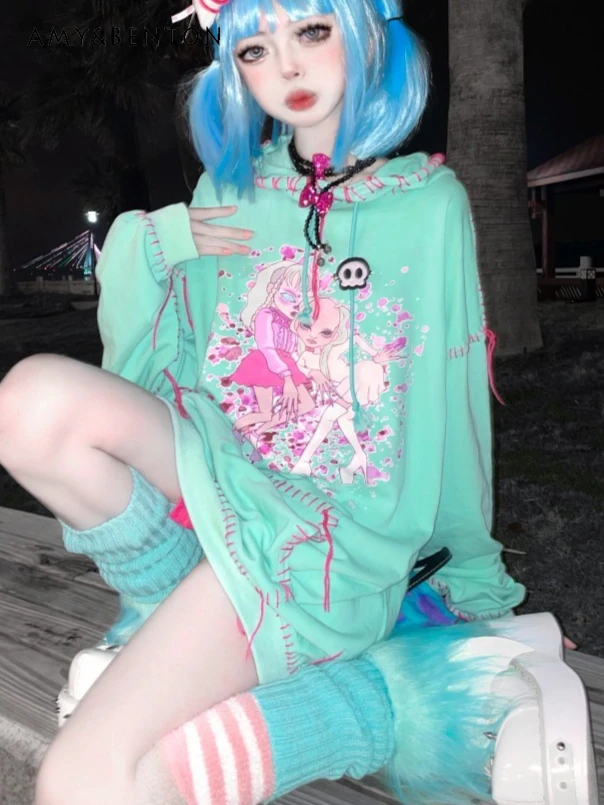 

Harajuku Style Gothic Handmade Knitted Tassel Patchwork Hoodies Women Japanese Anime Print Sweet Cool Girl Oversized Hoodie