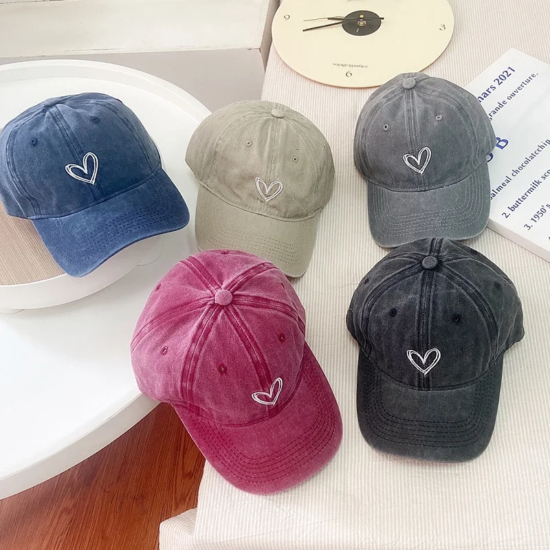 Vintage Washed Cotton Baseball Cap Valentine Heart Print Kids Sun Hats For Boy Girl Spring Summer Snapback Baby Hat