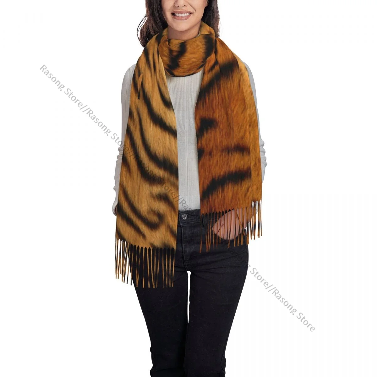 Tiger Fur Sketch Color Picture Scarf Winter Long Large Tassel Scarves Soft Wrap Pashmina