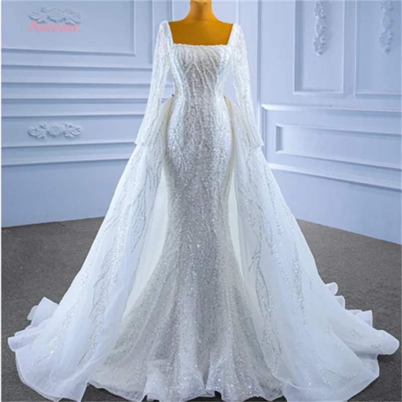 

Aseoase Real Photo Muslim Wedding Dresses Mermaid Long Sleeves Tulle Pearls Beaded Dubai Arabic Wedding Gown Bridal Dresses