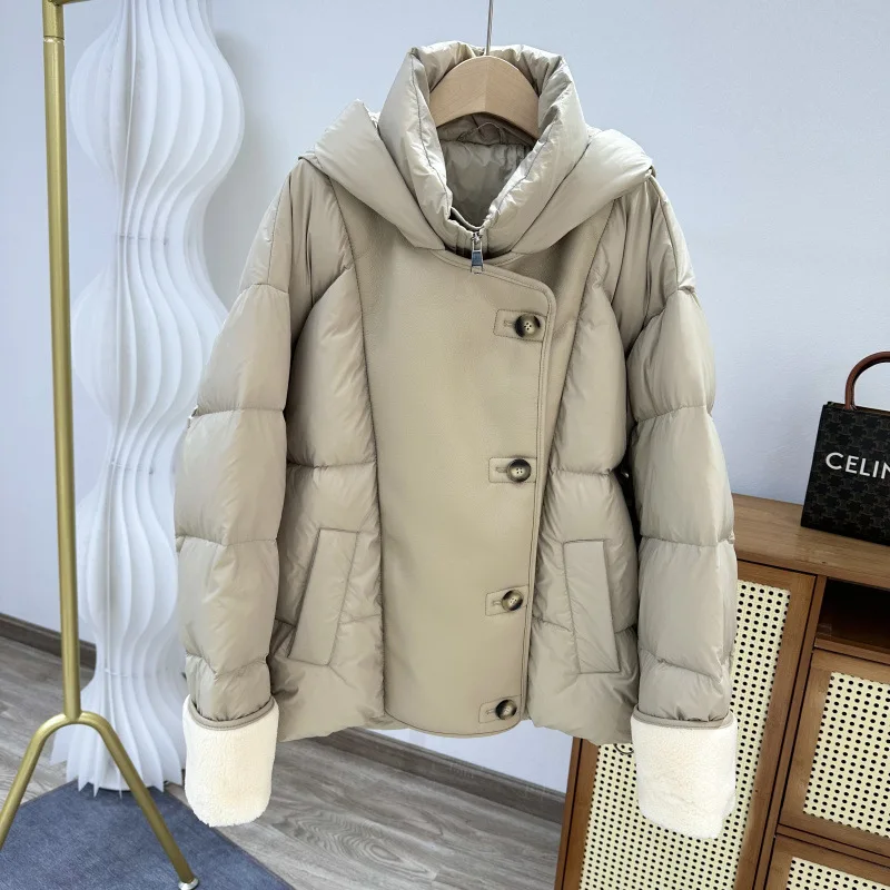 Winter New Women's Down Jacket Commuting Hooded PU Leather White Duck Down Jacket