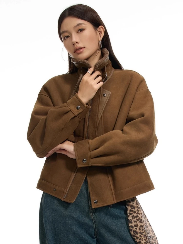 

High-end Luxury Merino Sheep Fur Motorcycle Jackets for Women 2025 New Simple Short Winter Genuine Leather Real Fur Suede Coat