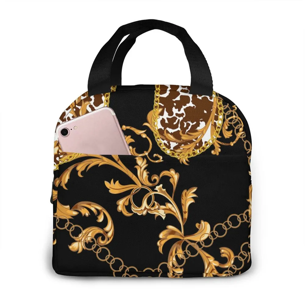 

WHEREISART Leopard Pattern Insulated Lunch Bag Gold Floral Borsa Fermica Pranzo Picnic Portable Black Box Bento Pouch Container