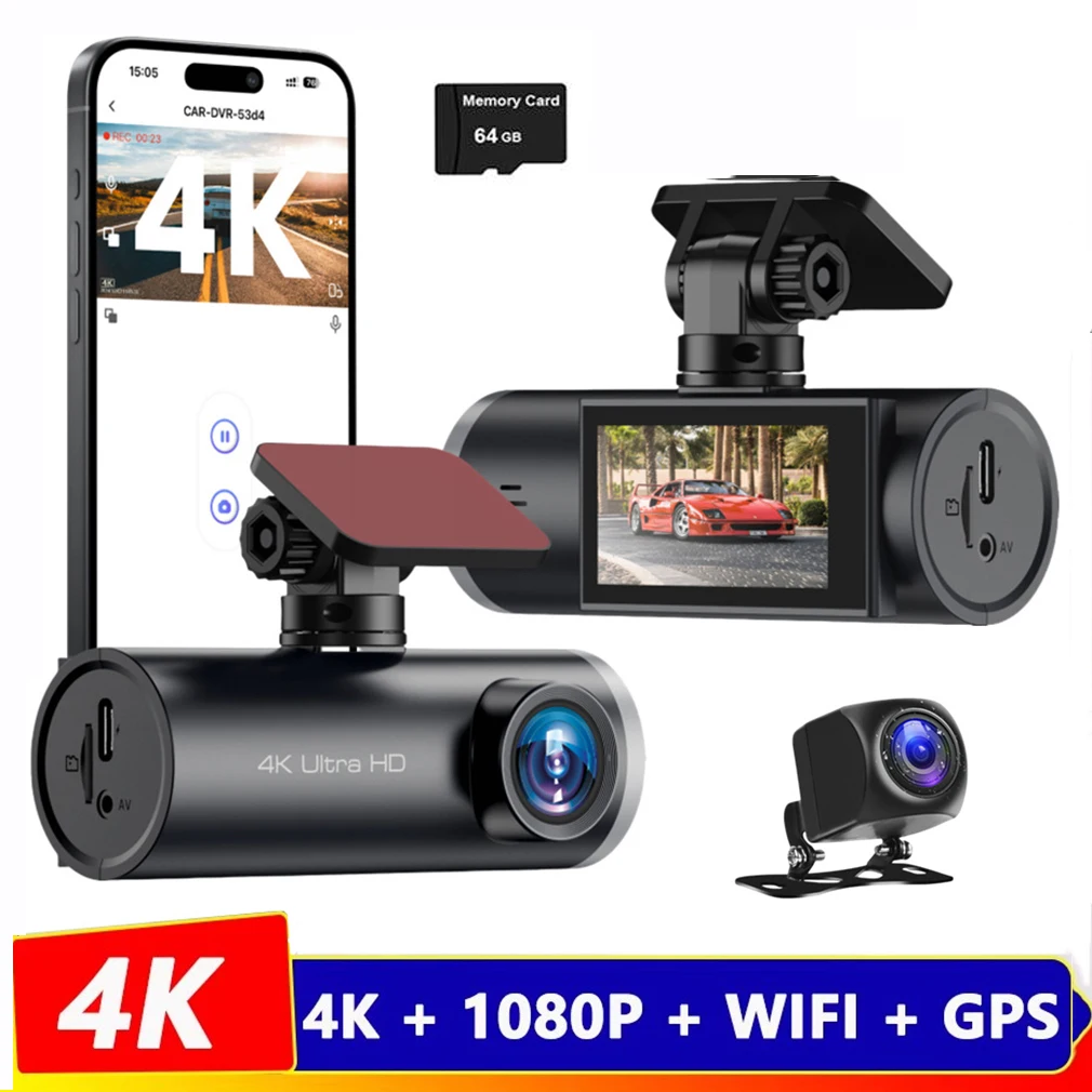 

4K WiFi Dash Cam For Cars ,Dual cameras Front and Rear Camera 1080P Car DVR, Built in WiF App Control GPS Track Night Vision