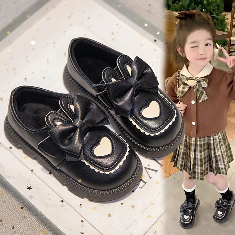 

2025 Children Princess Shoes for Girls Soft Bottom Anti-slippery Versatile Chic Bowtie Mary Jane Leather Shoes with Bow Party