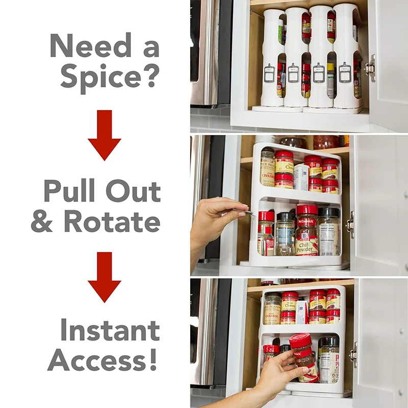 Cabinet Caddy Sliding Spice Rack Organizer for Cabinet Pull & Rotate Kitchen Organizers and Storage 2 Double-Decker Shelves