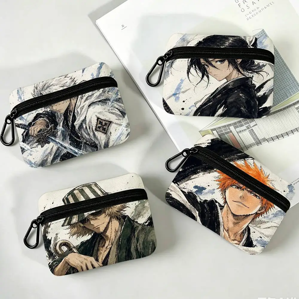 Anime B-Bleach Mini Oxford Cloth Coin Purse With Carabiner Hook Portable Key Card Wallet Small Zipper Storage Pouch