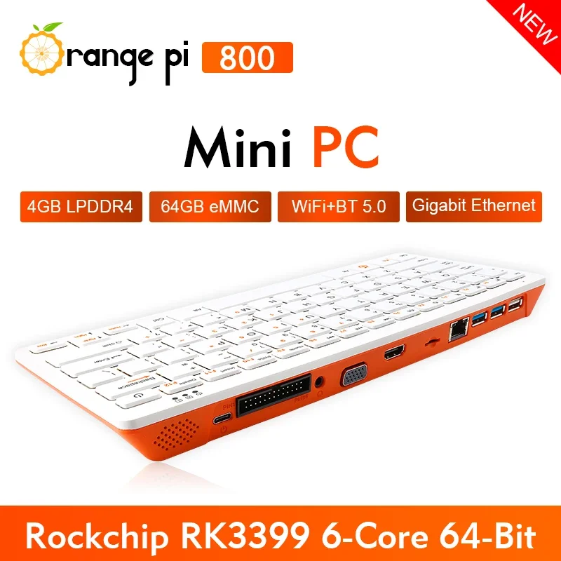 Orange Pi 800 + 5V4A type-c alimentation + souris sans fil + câble HDMI, Mini PC Portable RK3399 4K HD Wifi + BT 5.0 Kit clavier de jeu