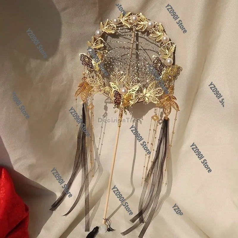 Ancient Palace Long Handle Fan, Pearl Flower Tassel Ribbon Design, Hanfu & Wedding Accessory