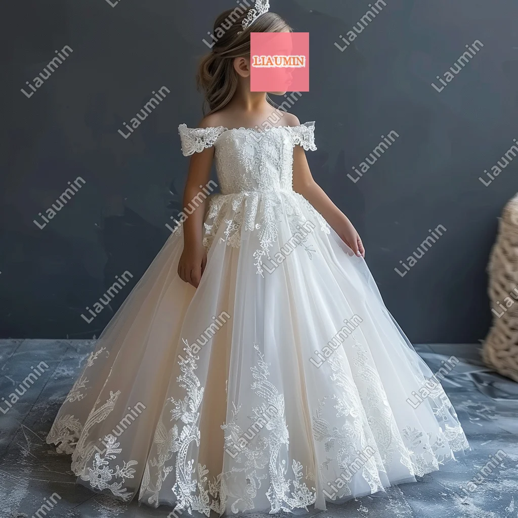 

New Custom White Flower Girl Dresses Off The Shoulder Tulle Princess Lace Applique First Communion Pageant SKirt Kids W17-3.11