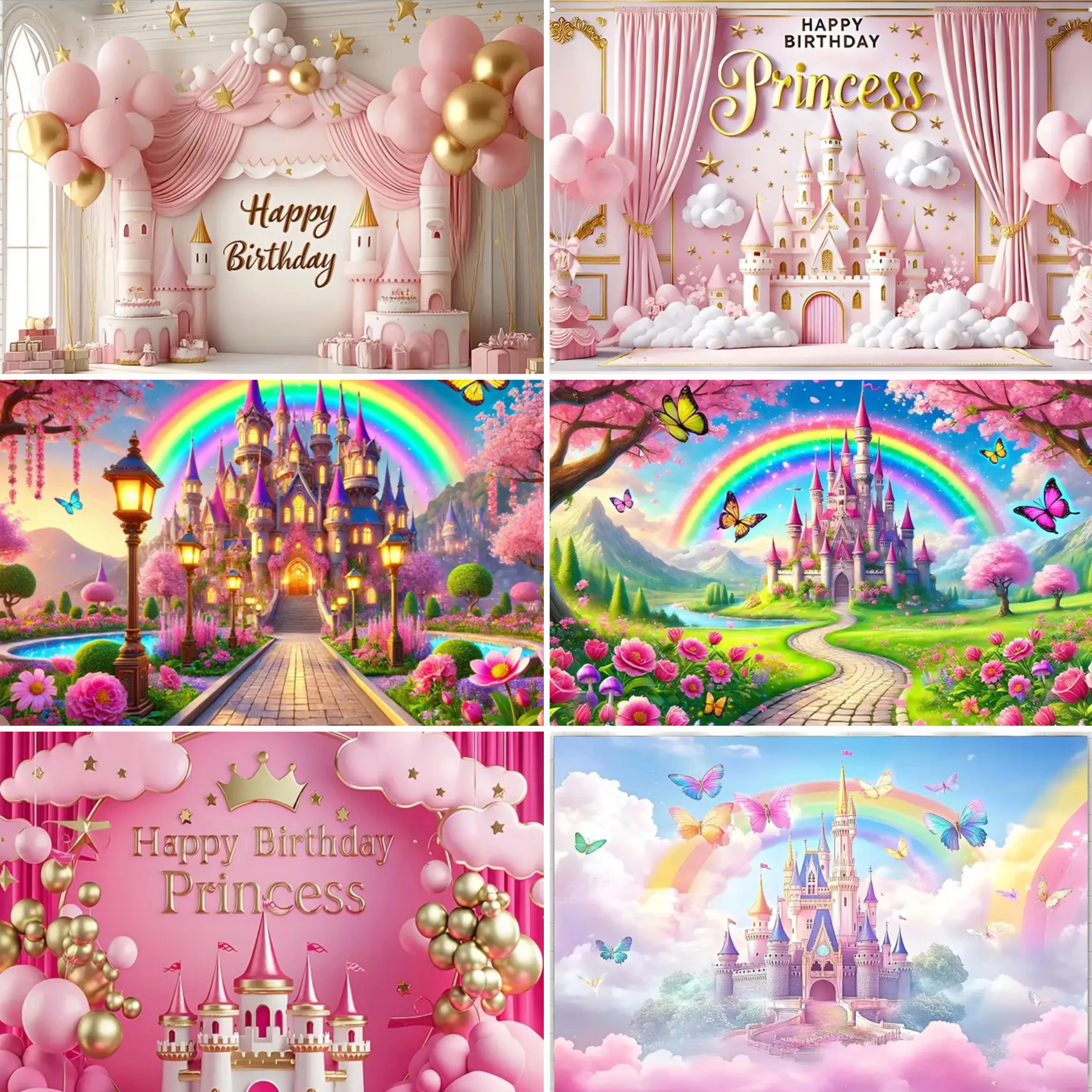

Dream Princess Castle Theme Party Decoration Pink Butterfly Rainbow Castle Birthday Banner Baby Baptism BackdropParty Supplies